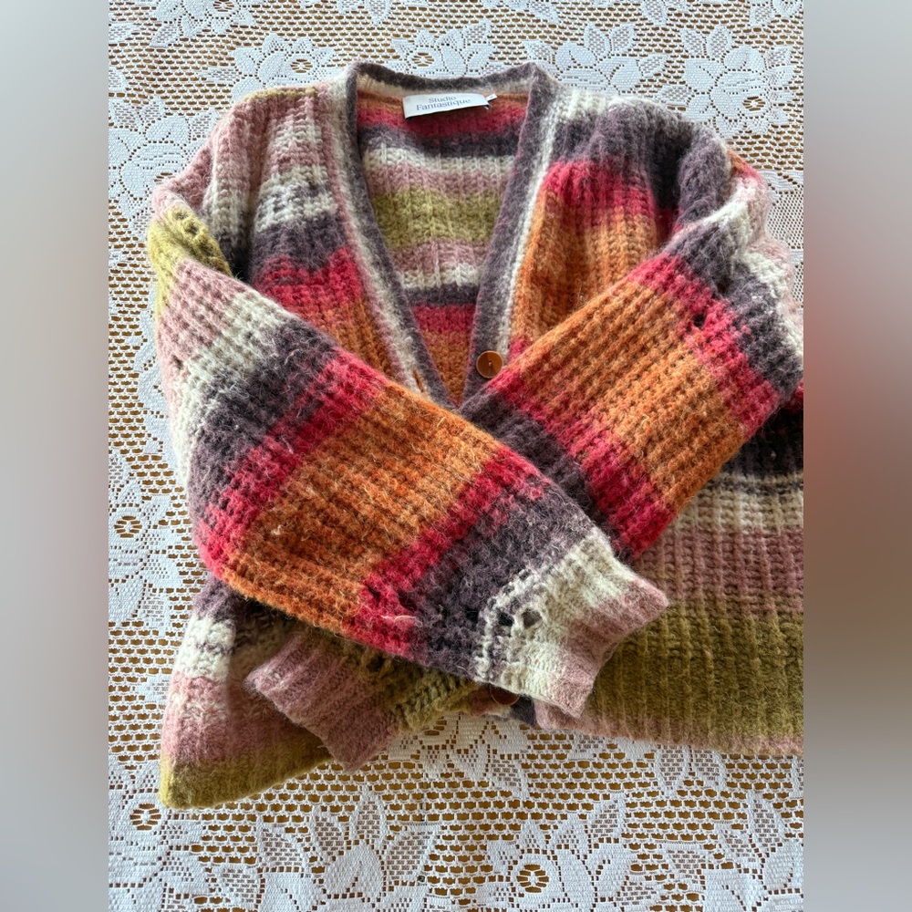 Cozy Multi-Stripe Knit Cardigan - Pink, Orange & Olive